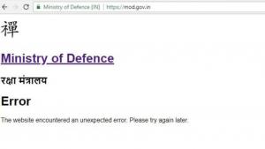 Screenshot of the mod.gov.in website showing the Chinese character for Zen with the title "Ministry of Defence" and this error message: "The website encountered an unexpected error. Please try again later."