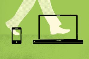 Illustration of a person striding between a mobile device and a desktop computer with one foot in each