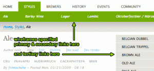 wireframes specified primary and secondary links along top and tertiary links in sidebar