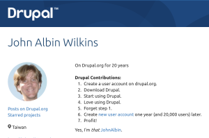 Webpage saying: John Albin Wilkins on Drupal.org for 20 years with a picture of John when he was 31 years old